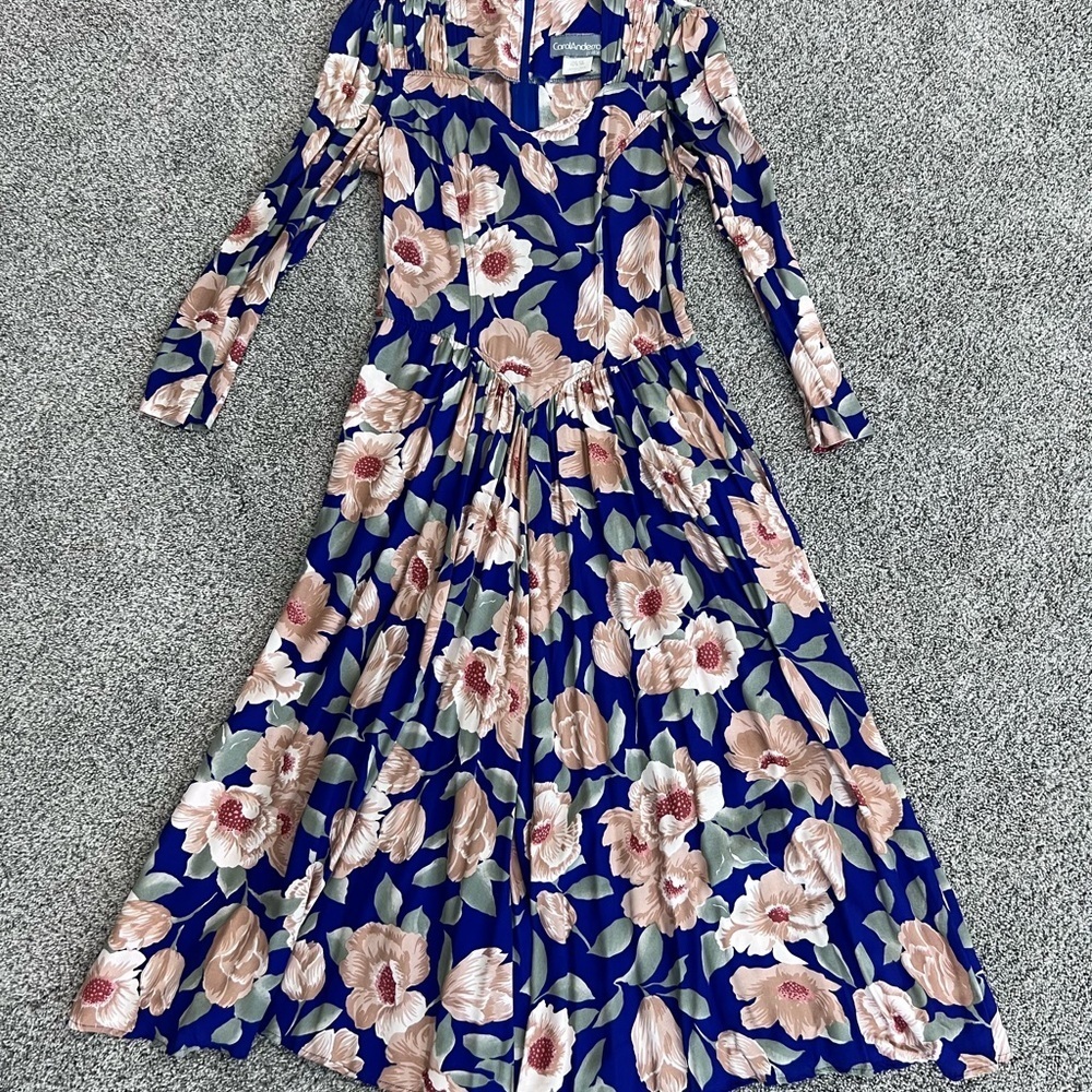 Vintage Carol Anderson Blue Colorful Floral Drop Waist Maxi Dress FS Size 5/6 - Picture 1 of 11